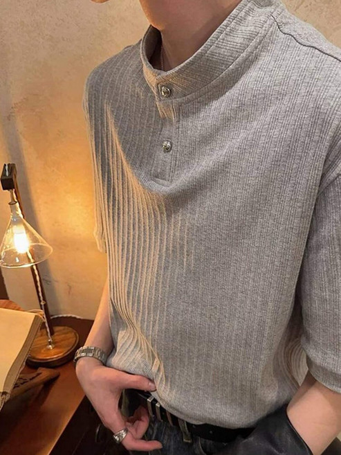 男款夏季灰色亨利領正肩短袖POLO衫, XL