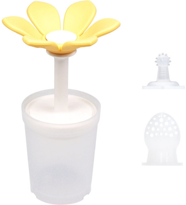 꼬꼬노리 츄츄블룸 치발기, 꽃치발기 + 잠금마개 + 과즙망 + 실리콘 칫솔 + 유아용 컵, 노랑 + 크림, 1세트