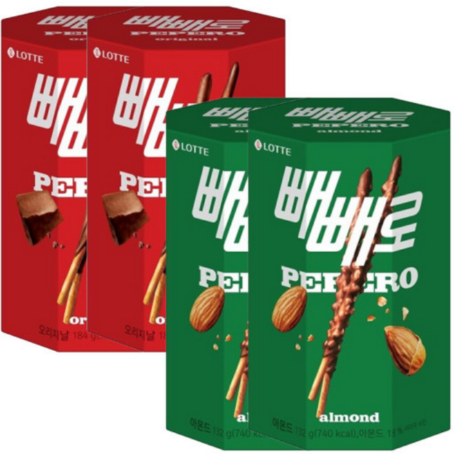 롯데웰푸드 초코빼빼로 184g(4봉) x 2곽 + 아몬드 빼빼로 132g(4봉) x 2곽, 4개