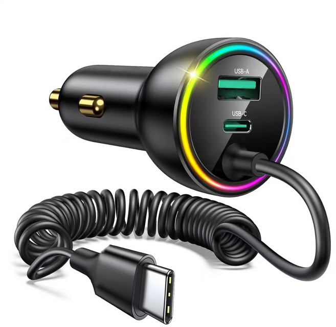 BuddhiGear 차량용 시거잭 고속충전기 Type-C 케이블 내장 USB-A+Type-C 듀얼포트 RGB 무드등 지원, 블랙, CC1