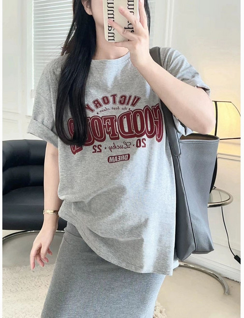 임산부 여름 반팔티 루즈핏 순면 프린트 반팔 티셔츠 빅사이즈 캐주얼 임부 반팔티 상의 JS