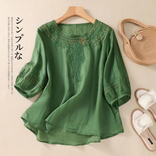 文藝復古棉麻刺繡襯衫 夏季半袖女上衣