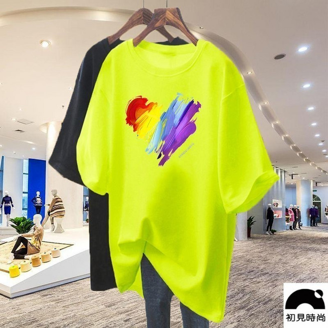 初見 大尺碼短袖T恤 女裝上衣 胖MM 200斤 糖果色彩虹愛心純棉 寬鬆顯瘦遮肉長版上衣