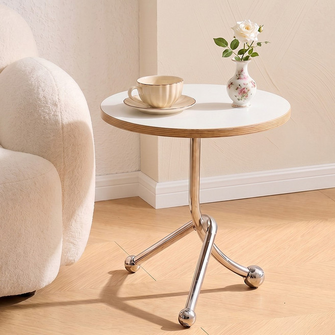 메르하임 홈카페 크롬 원형 사이드테이블, 화이트+우드띠