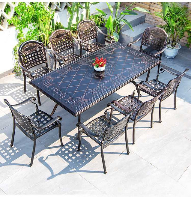 앤틱 야외 주물 알루미늄 테이블 의자 세트 6인용 8인용 레트로 주조 철제 식탁 주택 정원, 사선 의자 8개+200x100 은하 테이블