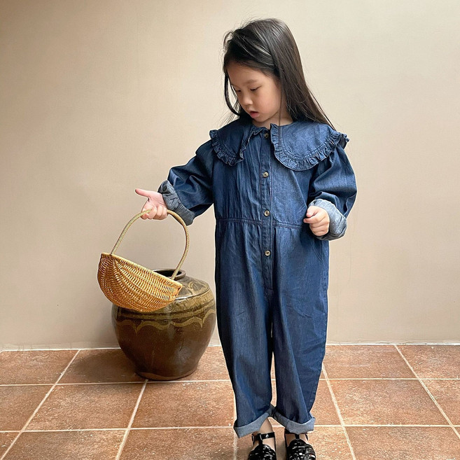 슈가푸딩 키즈 진청프릴슈트 여아점프슈트 데님점프슈트 여아가을옷 청점프슈트