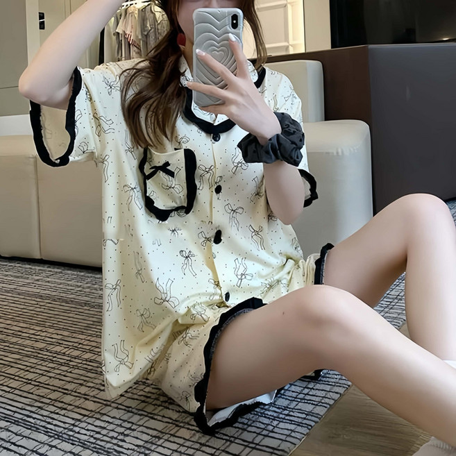 YioYcc 여성 잠옷 리본 파자마 세트 실내복 상하복