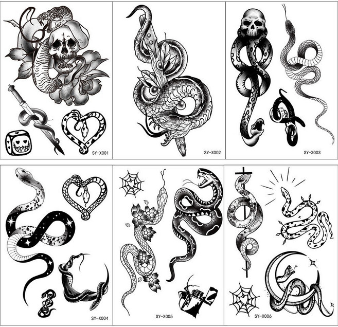 타투스티커 리얼 뱀 타투 6장 방수 연예인 콘서트 축제 사진 여행 패션 코스프레 할로윈, 6개