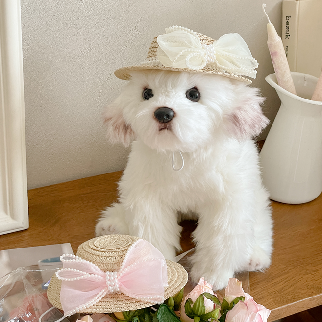 댕냥쓰 강아지 고양이 리본 밀짚 모자 / 애견 여름 아이템 / 반려견 패션 악세사리 / 댕댕이 냥이 반려견 반려묘 휴양지 캠핑 글램핑 물놀이 햇빛가리개 용품 / 펫 촬영 소품, 화이트, 1개