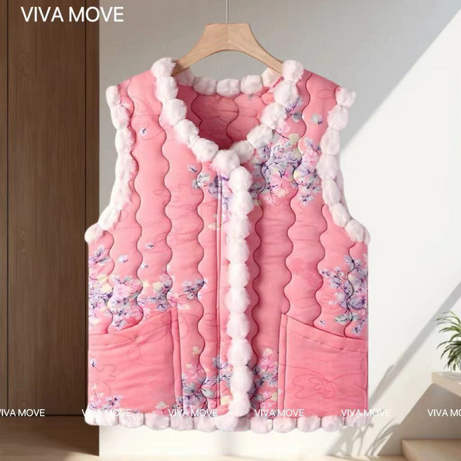 VIVAMOVE 여성 도톰 브이넥 플라워 조끼 집업 할머니 조끼