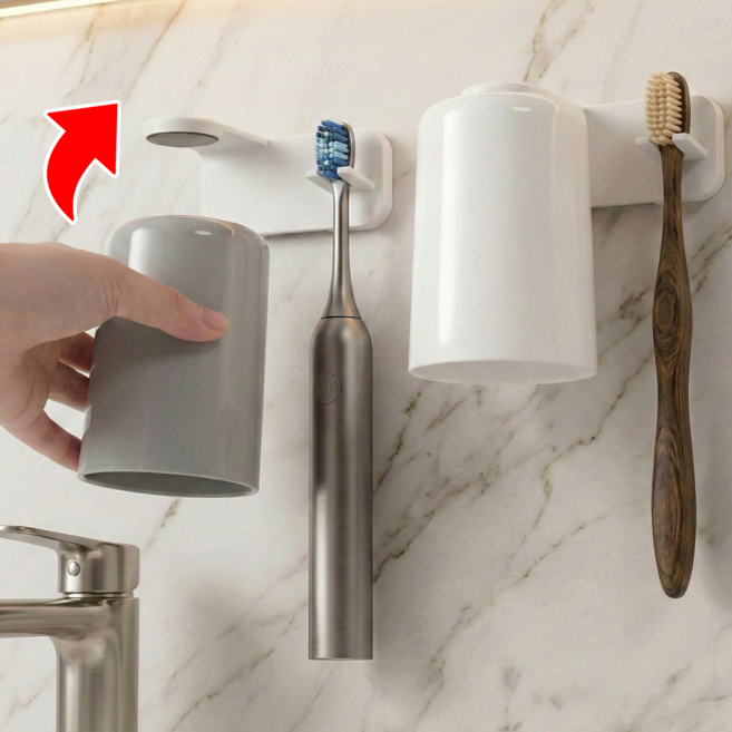 노브픽즈 물때 걱정없는 무타공 거꾸로 자석 양치컵 세트, 그레이, 1개