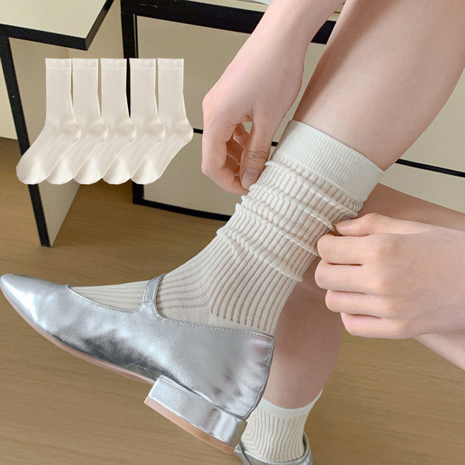 면 시스루양말 5켤레 얇은 무압박 골지 무봉제 롱 루즈삭스 긴목 시원한 여름양말 언니네양말