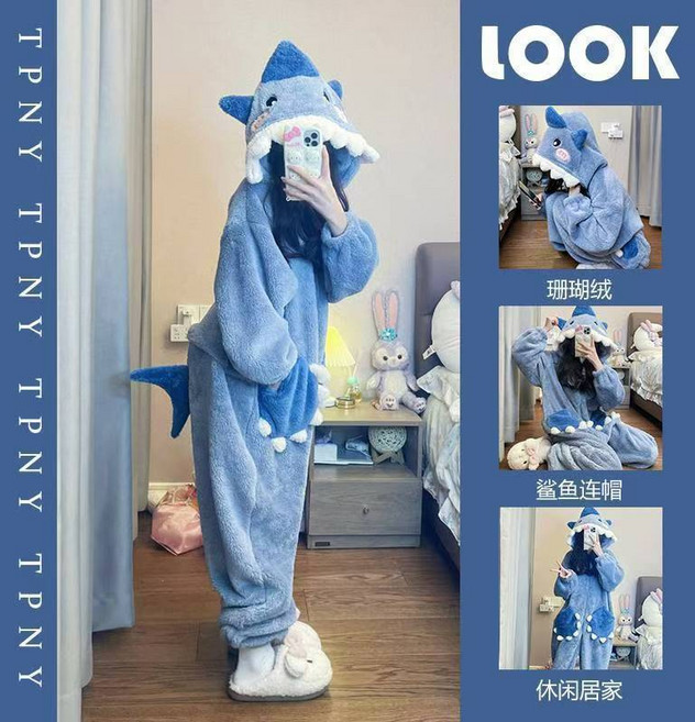 반반 두꺼운 극세사 파자마 상어 캐릭터 잠옷 동물 수면잠옷 원피스 홈웨어 파티