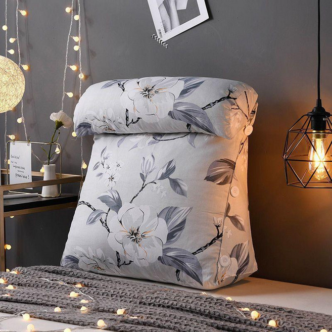 沙發靠墊抱枕護腰牀頭靠墊軟包牀上靠枕大靠背墊辦公室腰靠背護頸, 加厚帆布-纖纖花語,中號：寬44.9x45x20cm 護頸竹