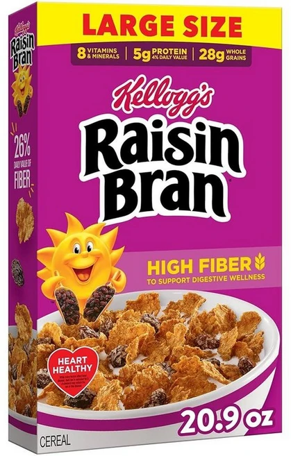 Kellogg's Raisin Bran 브렉퍼스트 시리얼 고섬유질 통곡물 28g 라지 사이즈 592.5g(20온스), 592.5g, 1 - 쿠팡