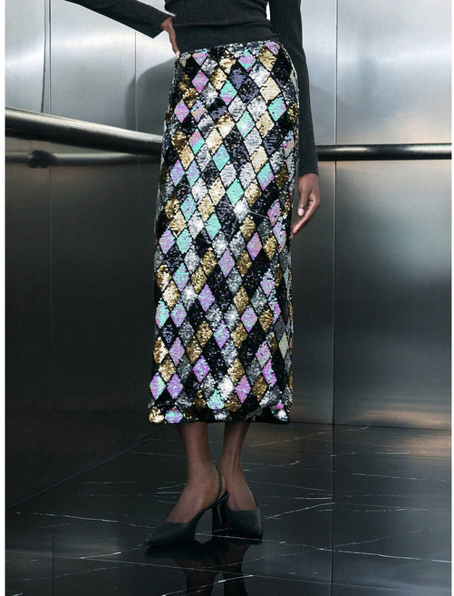 그루밍 (grooming) 여성 파티 연예인 가수 트로트 스팽글 허리 지퍼 슬릿 정장 미디 스커트 치마