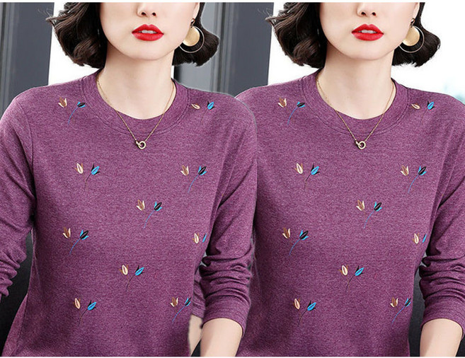 봄 가을 1+1 중년 여성 긴팔 티셔츠 캐주얼 풀오버 상의 루즈핏 이너 긴팔티 기질 플라워 순면 라운드 티셔츠 WXY