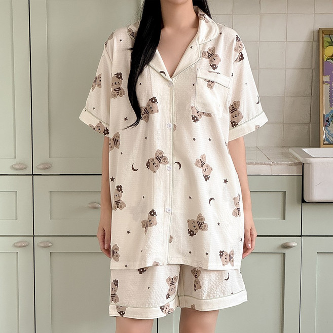 MARIQUE 여성 소프트 반팔 카라 파자마 수면 잠옷