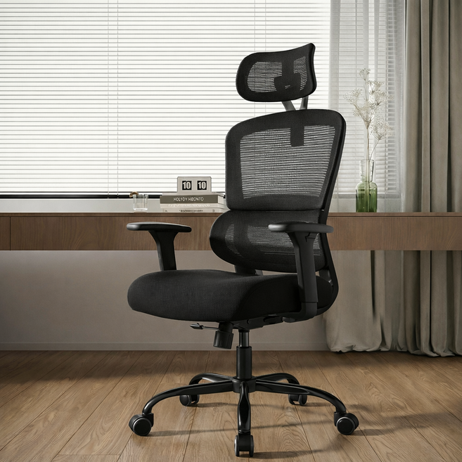 파리니 허리받침 사무용의자 컴퓨터 메쉬 헤드레스트 조절 게이밍 의자, 블랙