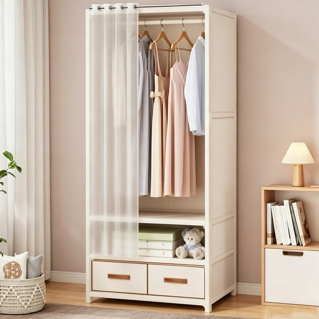 多功能簡易防塵布衣櫃 附抽屜掛衣架 臥室收納衣櫥 星空白中號, 單排-星空白+抽屜（衣櫃）