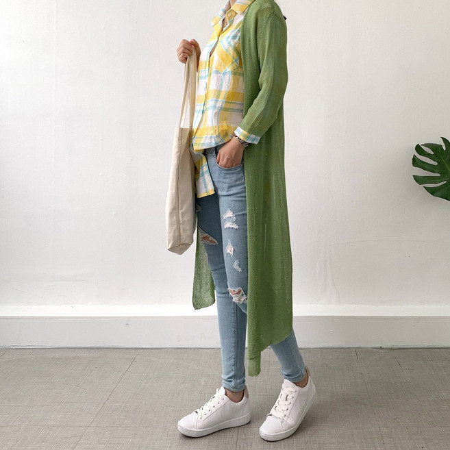 네모엔룩 쿨니트롱 여성용 데일리 여름 7부소매 루즈핏 니트 오픈형 샤이닝 롱 가디건