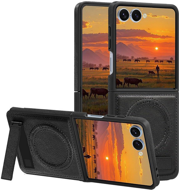 Fofvccv 삼성 갤럭시 Z 플립 7용 케이스 PU 가죽 [Magsafe 무선 충전과 호환] 마그네틱 링 킥스탠드 슬림 충격 방지 보호 커버 갤럭시 Z 플립7용 - JD 블랙