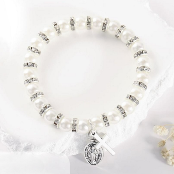 오눌루 심플 데일리 고급 크리스탈 진주 묵주팔찌 천주교 선물 십자가 팔찌 성물 2종, 1개, 화이트진주