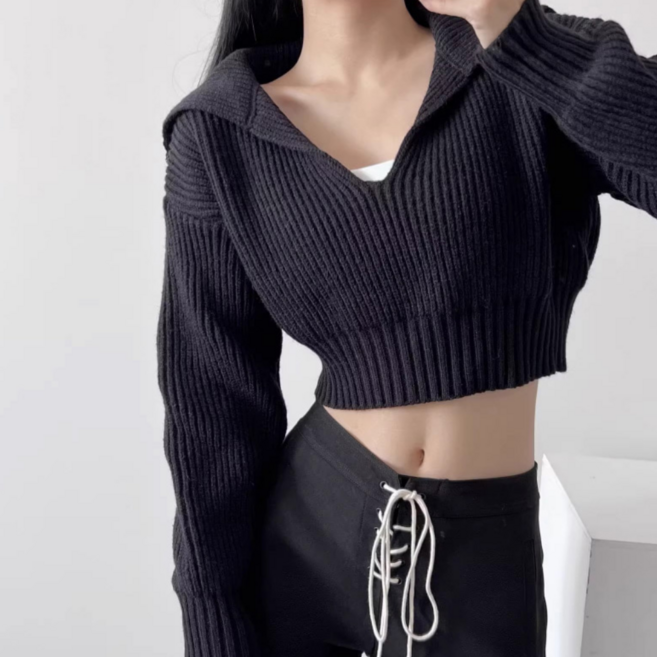 이리즈미아 여성 브이넥 카라 골지 니트 크롭탑 숏니트 롱슬리브 크롭티 간절기 이너