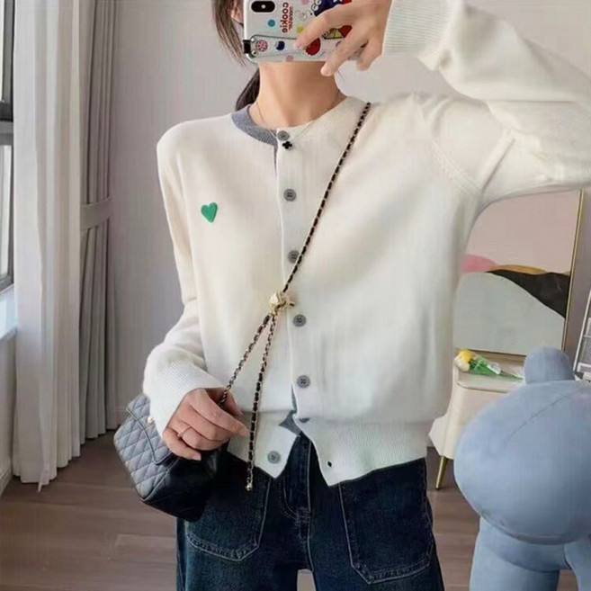 데일리 배색포인트 라운드넥 레이온 가디건 러블리 하트 여성 니트티 스웨터 03