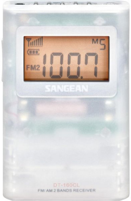 2개의 AA 배터리로 100시간 작동하는 Sangean DT160 AMFM 스테레오 포켓 라디오 흰색, Clear with Pouch, Radio