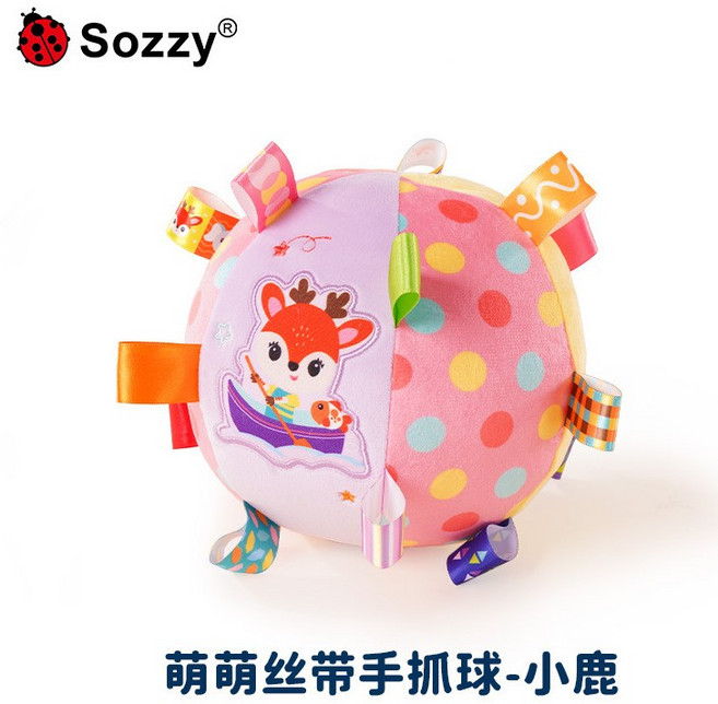 Sozzy 毛絨搖鈴手抓球 超柔安撫鈴鐺球 標籤布球 安靜球, 1個, 彩色－點點.划船小鹿