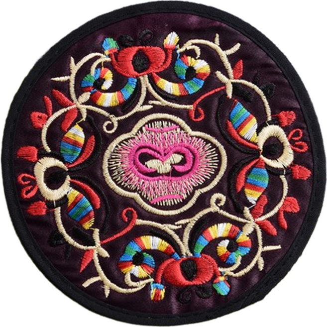 中國風圓形刺繡杯墊, 深紫, 1套
