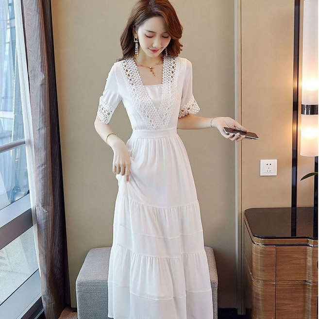 大尺碼時尚氣質連衣裙女夏遮肚子顯瘦收腰裙子, 白色,2XL 【建議65.0-72.5公斤】, 白色