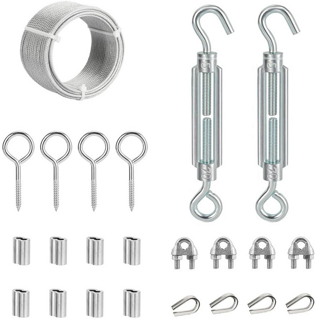 행거 1/8 와이어 로프 키트 정원 식물 지지용 텐셔너가 장착된 200피트 PVC 코팅 강철 케이블 빨랫줄 스트링 라이트 계단 난간 접지 앵커, 50FT, wire, 1개