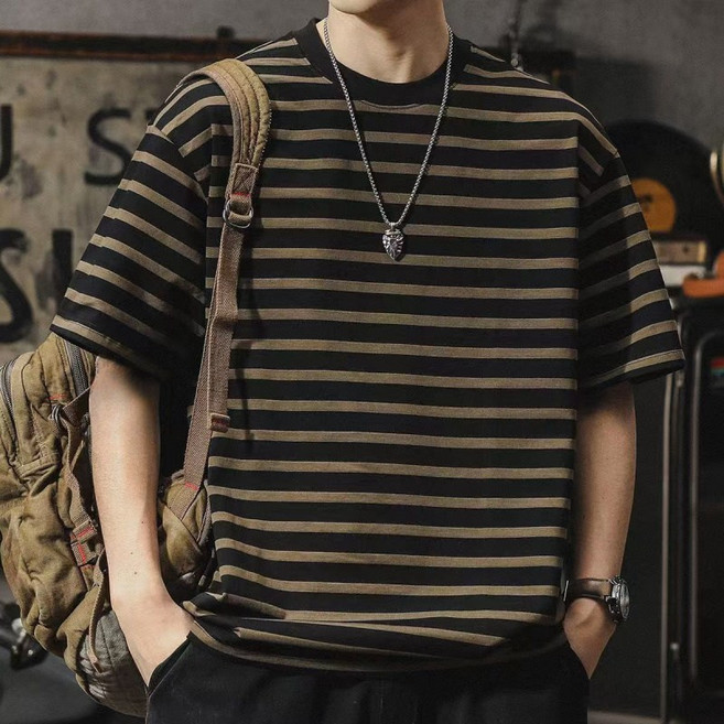 해피유통 남성 빈티지 티셔츠 캐주얼 스트라이프 반팔 티 jhz