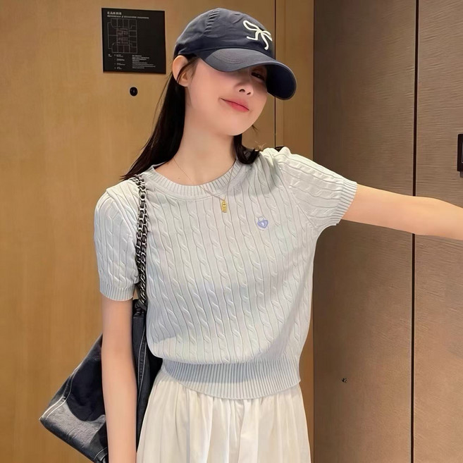 샤일리 여성 라운드넥 꽈배기 반팔 니트