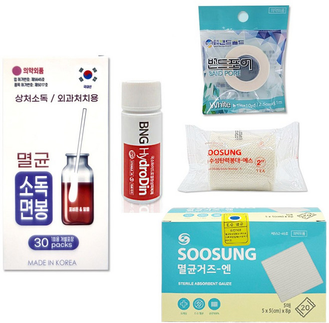 상처소독세트 [풍성 멸균소독면봉 30개입+BNG 하이드로딘 빨간약 16ml+수성 멸균거즈 5cmx5cm 20포+밴드포어 흰색 1인치 약국용+수성탄력붕대 2인치 약국용], 1개