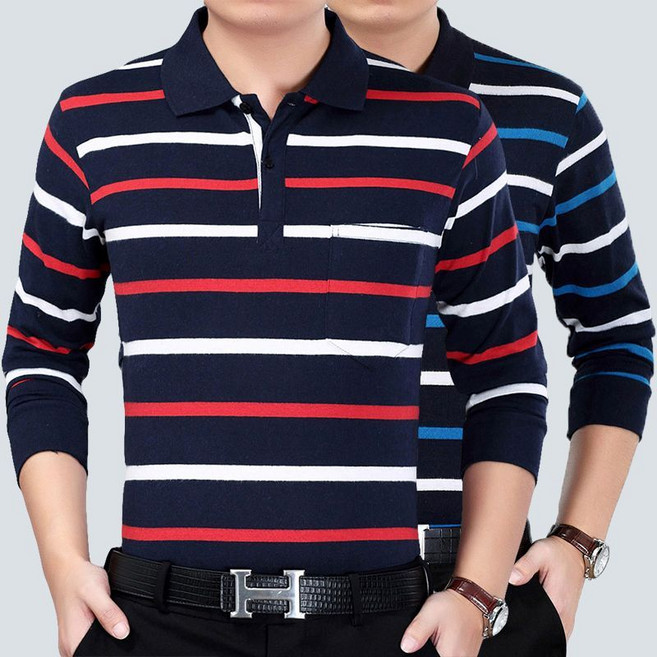 1+1 중년 남성 봄 가을 폴로넥 티셔츠 패션 스트라이프 이너 티셔츠 슬림핏 아빠룩 캐주얼 긴팔티 상의 SJS