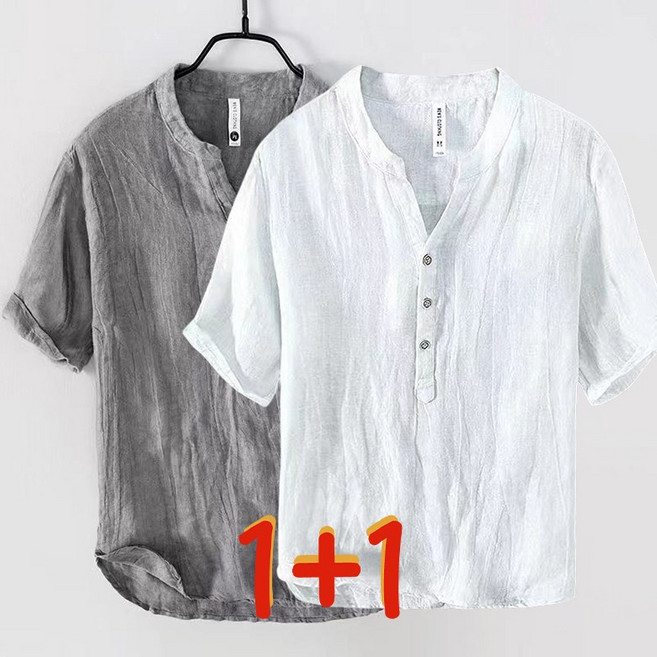 1+1 린넨 남성 반팔티 여름 얇은 티셔츠 상의 면 마 시원한 남자복 브이넥 셔츠 m-5xl