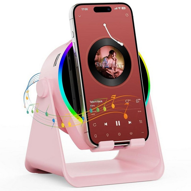 TARKARI 무선 인덕션 스피커 5 in 1 블루투스 스피커 360° 회전 휴대폰 스탠드 및 다채로운 주변 조명 아이폰 아이패드 안드로이드 태블릿과 호환 여성 남성, Round - Pink