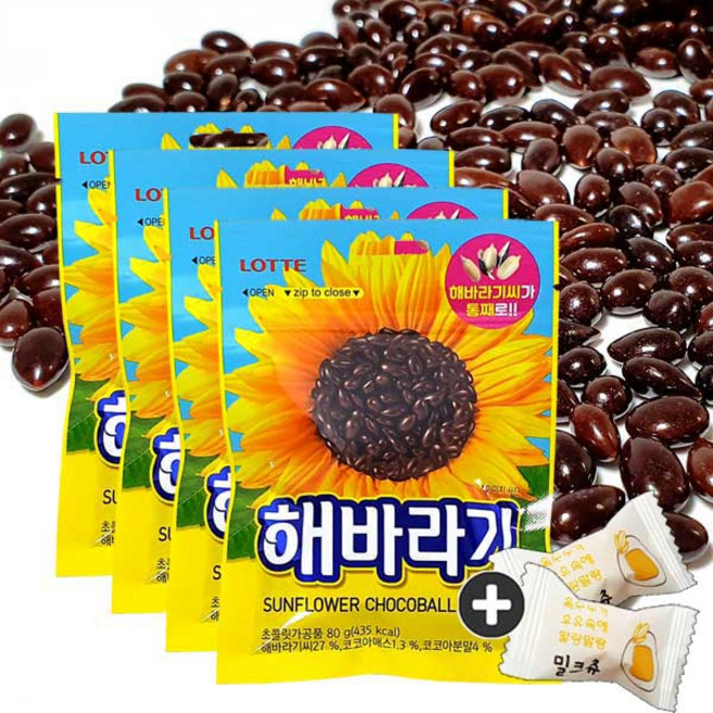 롯데제과 해바라기초코볼 (80g) x 4봉(+밀크츄2개 포함), 80g, 4개
