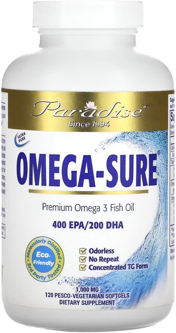 Paradise Herbs Omega-Sure 프리미엄 오메가3 피쉬 오일 1000mg 페스코 베지 소프트젤 120정, 1개 - 쿠팡