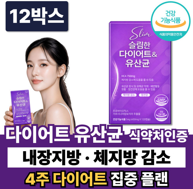 체지방 다이어트 유산균 복부 내장지방 뱃살 다이어트보조제 / 파라다이스 그레인 버닝 증정, 12박스, 120정