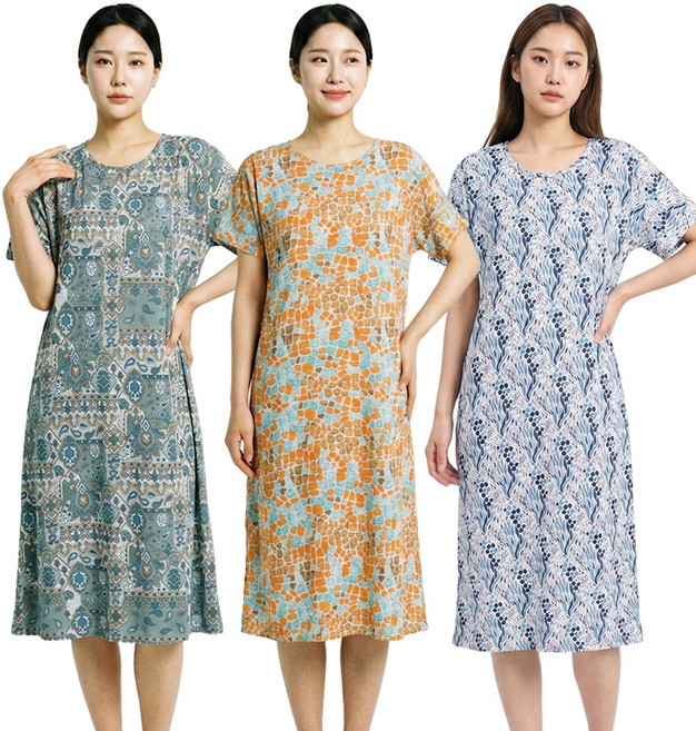 까실이 기하 반팔원피스 여성 쿨 아이스 파자마 홈웨어 여름 잠옷 원피스