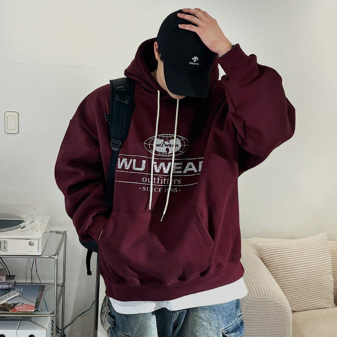 [S-XL] WU WEAR 레터링 오버핏 후드 남녀공용 4color BUR