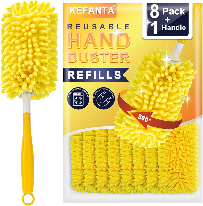 스위퍼용 KeFanta 재사용형 먼지떨이 리필 360° 고성능 8개입 손잡이 1개 포함 세척 가능한 마이크로파이버, 스위퍼용 KeFanta 재사용형 먼지떨이 리필 360, 1