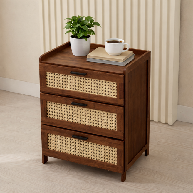 플로바움 우븐 원목 서랍장 라탄스타일 DIY협탁, 월넛(9101), 3단