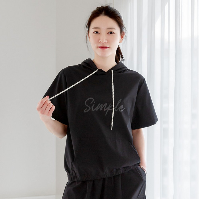 물론 여성 쿨스판 레터링 반팔 후드티셔츠