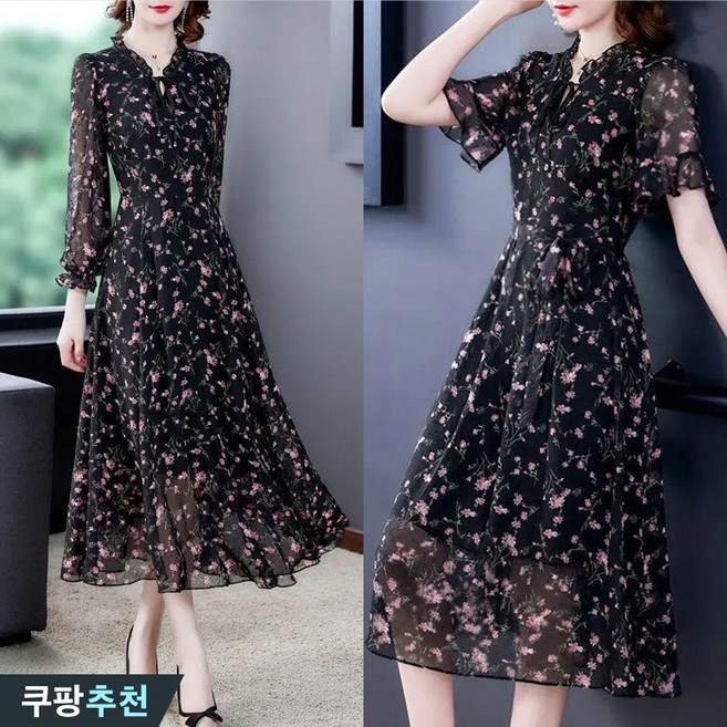 (완전 추천) 90kg까지 빅사이즈 여성 쉬폰 플라워 슬림핏 허리꼬임 긴팔 원피스 여름 편한 브이넥 프릴 스트링 단아한 롱 플레어 이너 얇은것 시원한 박스 드레이프 찰랑 원피스