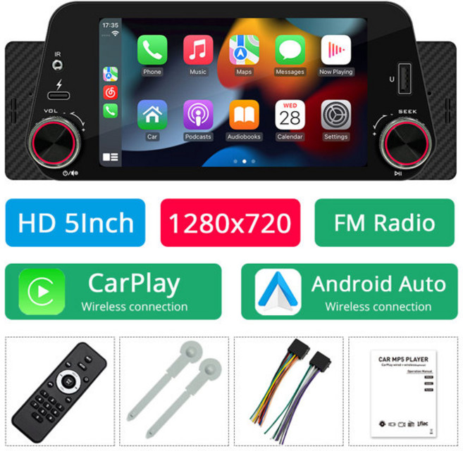 호환 무선 Carplay 안드로이드 자동 5 인치 자동차 라디오 블루투스 1Din 범용 멀티미디어 MP5 플레이어 터치 스크린 FM USB 미러, [04] P1-Set